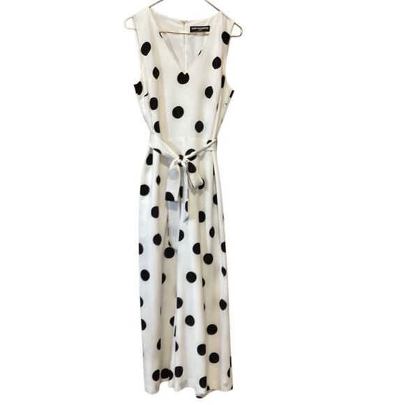 Karl Lagerfeld Paris Cropped Jumpsuit belt White black polka dot Size 12 - Picture 7 of 9